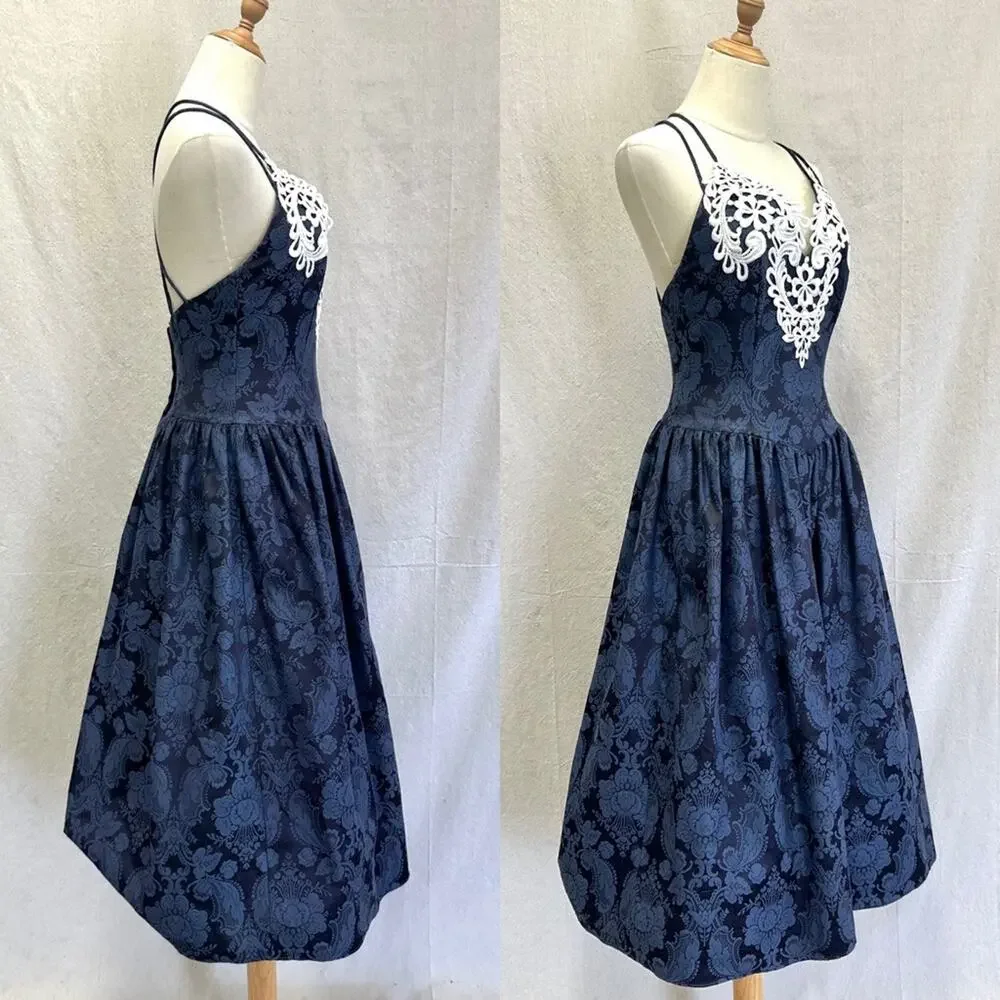 Gunne Sax vintage 80s navy brocade tea length‎ formal/party dress size 7/8 - Picture 3 of 16